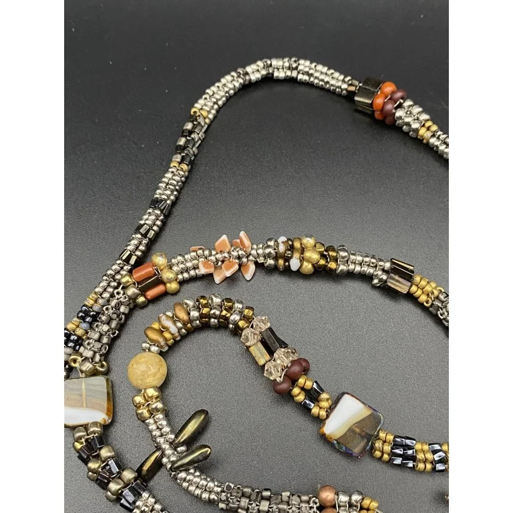 Artisan  Necklace Boho Natural Stone Shell Glass Bead Antiqued Bronze Toggle 38" - Picture 9 of 13